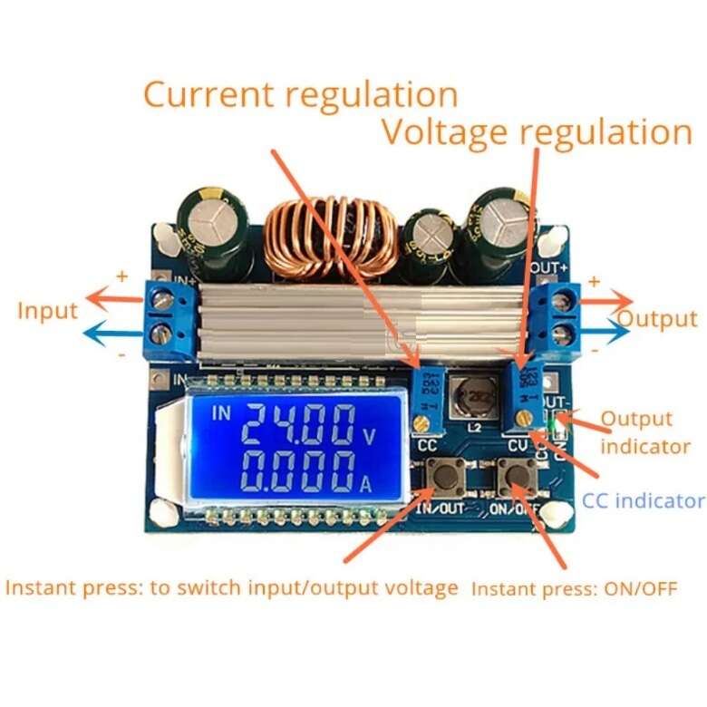 ماژول منبع تغذیه ماژول مبدل DC-DC کاهنده و افزاینده HW-140 دارای نمایشگر با امکان کنترل جریان و ولتاژ خروجی